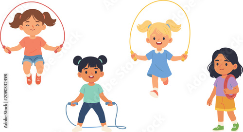 Cute Little Girls Playing with Jump Ropes Vector Character Set Featuring Diverse Diverse Children Skipping, Hopping, and Exercising for Kids Health