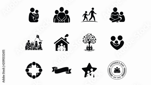 Canvastavla Black and white minimalist family celebration icons set with minimalist collecti