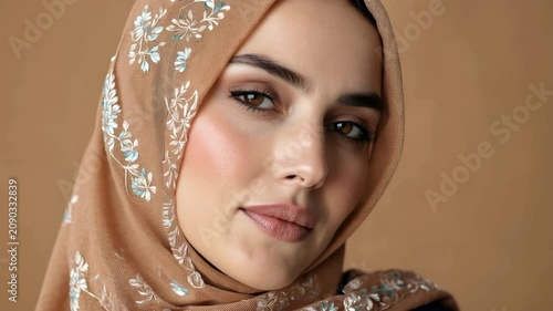 Portrait woman headscarf floral embroidery calm face beige scarf closeup serene beauty
