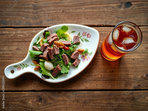 A fresh salad of diced steak and greens served on a decorative leaf shaped plate with iced tea