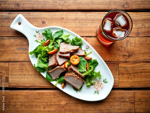 A fresh salad of sliced smoked meat served with greens and citrus on a floral patterned platter