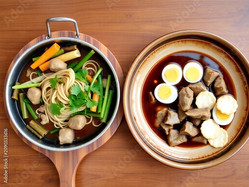 A top down view of two bowls of traditional noodle soup and savory stewed dishes on wooden table