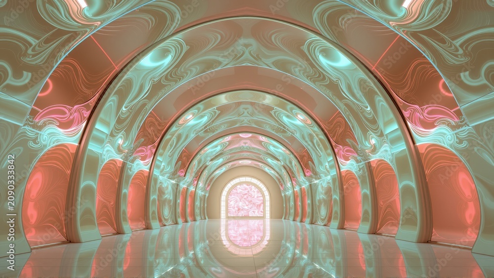 Fototapeta premium Abstract corridor features repeating arches, soft lighting, pink and teal hues. Reflective floor creates infinite perspective. Futuristic design.