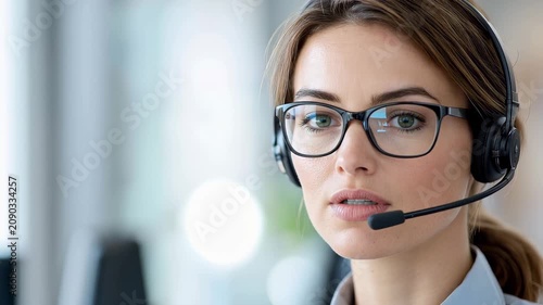 Focused Woman With Headset Eyeglass Call Center Portrait Office Support Agent