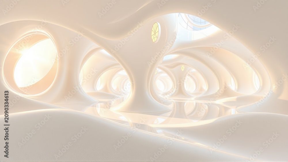 Fototapeta premium Abstract fractal design. Soft beige tones create flowing shapes, resembling interior architecture. Light source illuminates curves, depth.