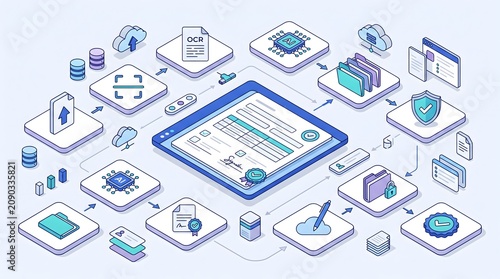 Isometric Digital Document Automation Workflow with AI Processing Cloud Storage and Electronic Signature for Paperless Office