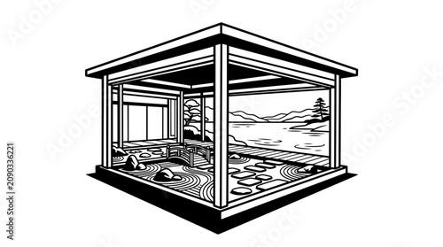 Photos Open outdoor pavilion with zen sand garden interior.