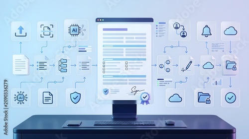 Automated Document Management System on Desktop Monitor Showing AI Classification and Digital Signature Workflow