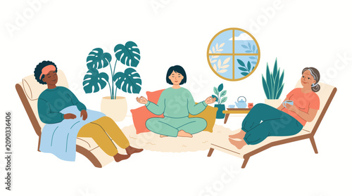 Flat vector illustration of menopause wellness promoting relaxation, restorative rest, hormonal balance, self care, healthy aging, and holistic wellbeing in a clean modern style.