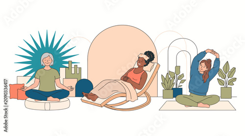 Flat vector illustration of menopause wellness promoting relaxation, restorative rest, hormonal balance, self care, healthy aging, and holistic wellbeing in a clean modern style.