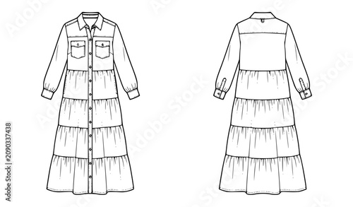 Tableau sur toile Maxi Tiered Shirt Dress Technical Fashion Flat Vector with Utility Pockets