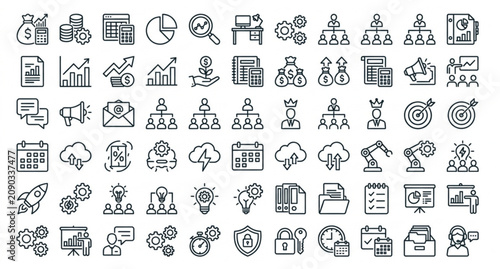 Business Line Icons Set for Financial Management Strategy Office Workflow Planning Editable Stroke Linear Vector Collection