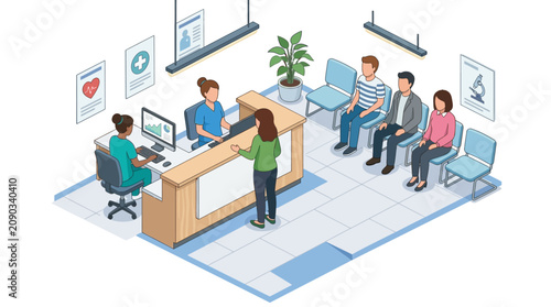 Isometric hospital waiting room with medical staff and patients
