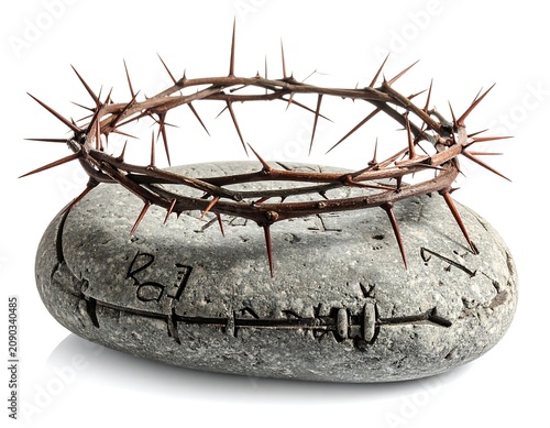 A crown of thorns rests on a gray stone with etched symbols
