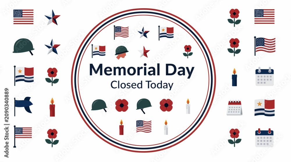 Fototapeta premium Memorial Day Closed Today: Red Poppies, Flags, Helmets, Stars, Candles