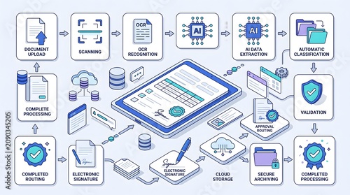 Isometric Document Processing Workflow Diagram Illustrating AI Extraction Cloud Storage and Secure Archiving