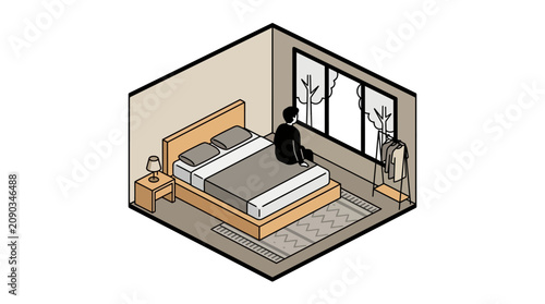 Foto Minimalist isometric bedroom illustration with man looking out window