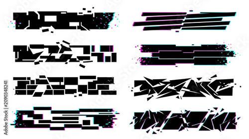 Set of black glitch effect distorted rectangular banner shapes for modern digital design and tech graphics