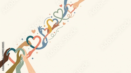 Colorful heart shapes connected by diverse hands representing friendship, unity, inclusion, love, community support, teamwork, compassion and multicultural connection, modern vector banner with copy s