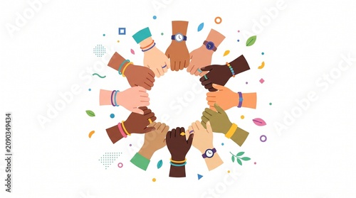 Diverse multicultural hands joined together in a unity circle symbolizing teamwork, collaboration, inclusion, equality, diversity, global community, social support, friendship, solidarity, and human c