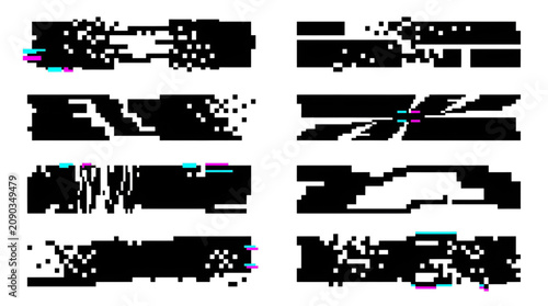 Set of abstract black glitch effect banners with digital distortion and pixel noise texture elements