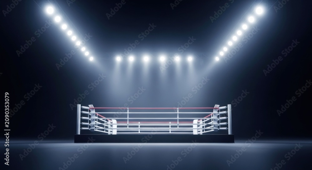 Naklejka premium Empty Boxing Ring with Bright Spotlights and Dark Background.