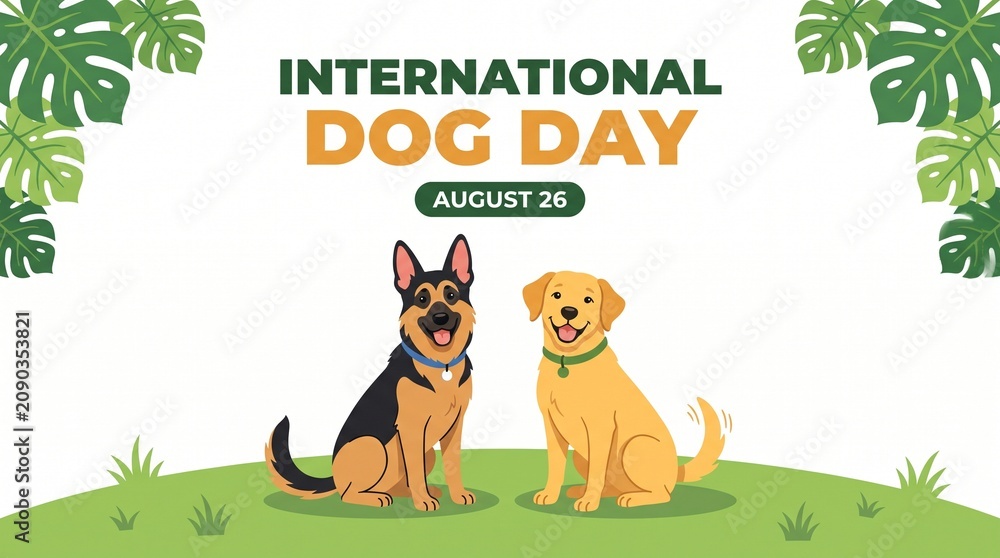 Fototapeta premium International dog day illustration with two dogs on green hill and palm leaves on white background