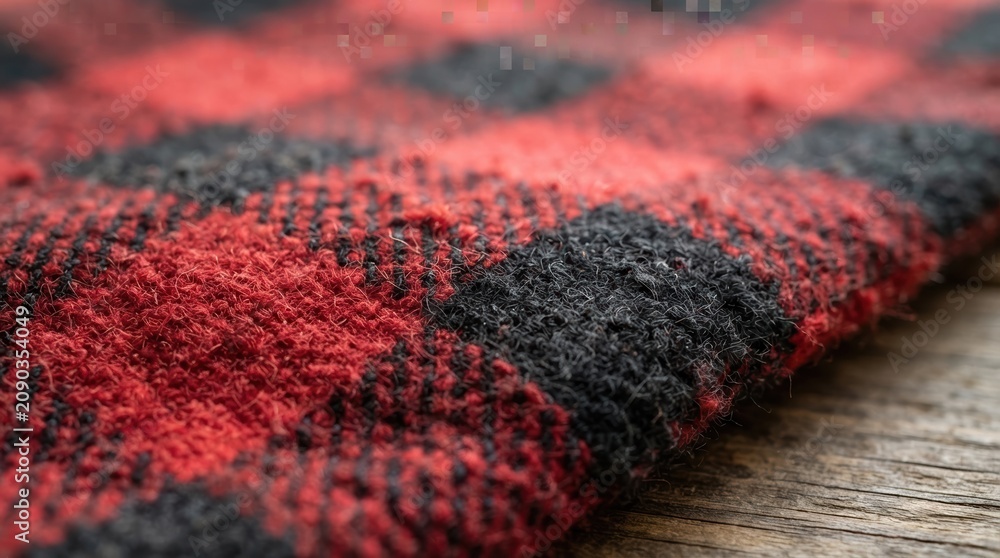 Fototapeta premium Red and Black Buffalo Plaid Fabric Texture Close Up on Rustic Wood Background for Cozy Winter Holiday Design Projects