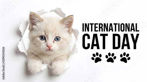 Celebrating international cat day adorable ragdoll kitten emerging through torn paper festive greeting
