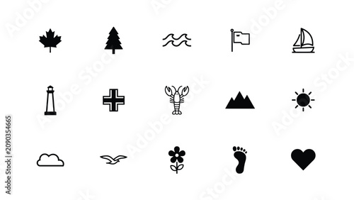 Foto Minimalist icon set featuring symbols of nature travel and emotions in flat blac