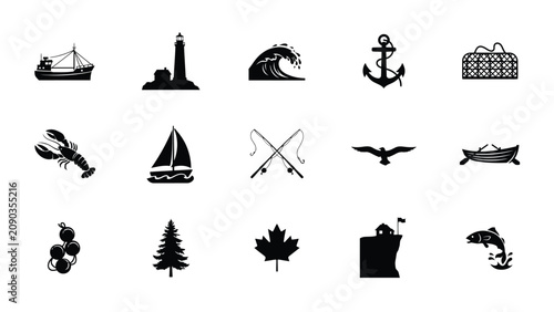 Canvastavla Black and white coastal and marine themed icon collection with each rendered bol
