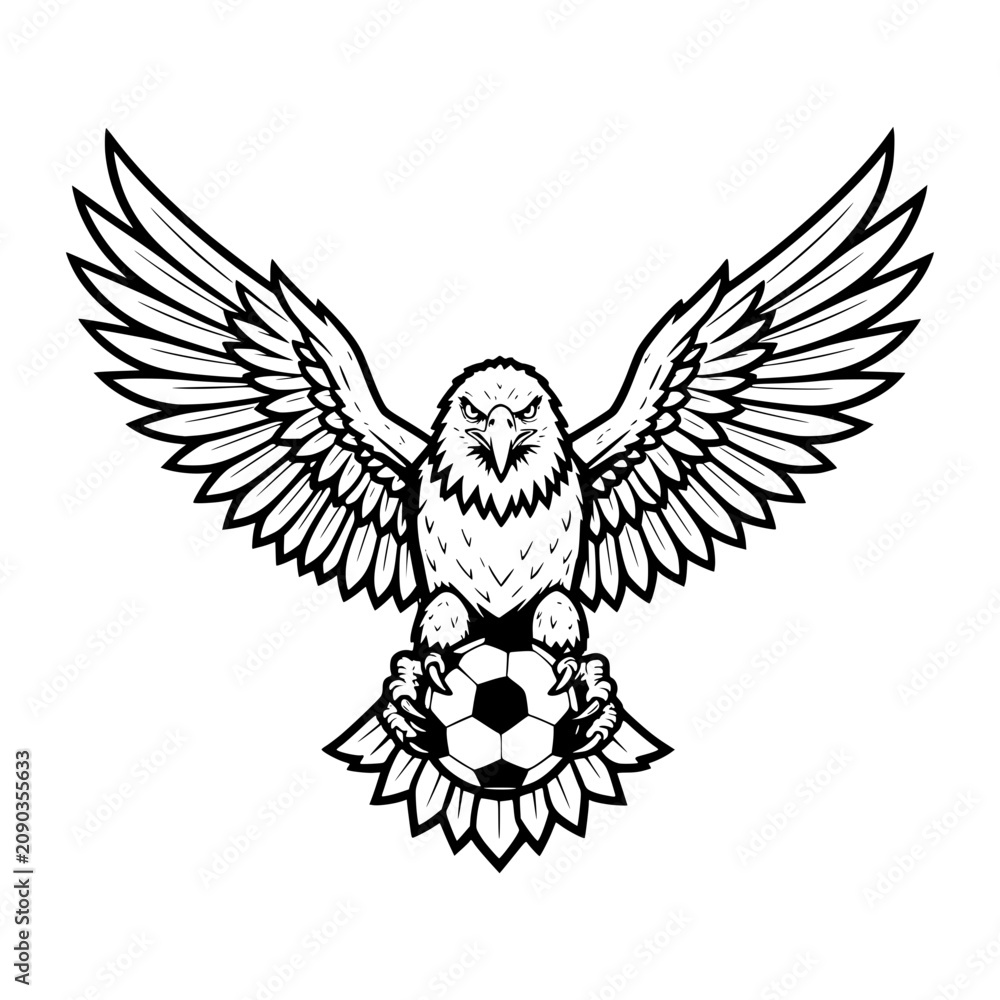 Fototapeta premium Eagle Soccer Mascot: A powerful eagle, depicted in a striking black and white illustration, grips a soccer ball firmly in its talons, wings spread wide, embodying strength and athleticism.