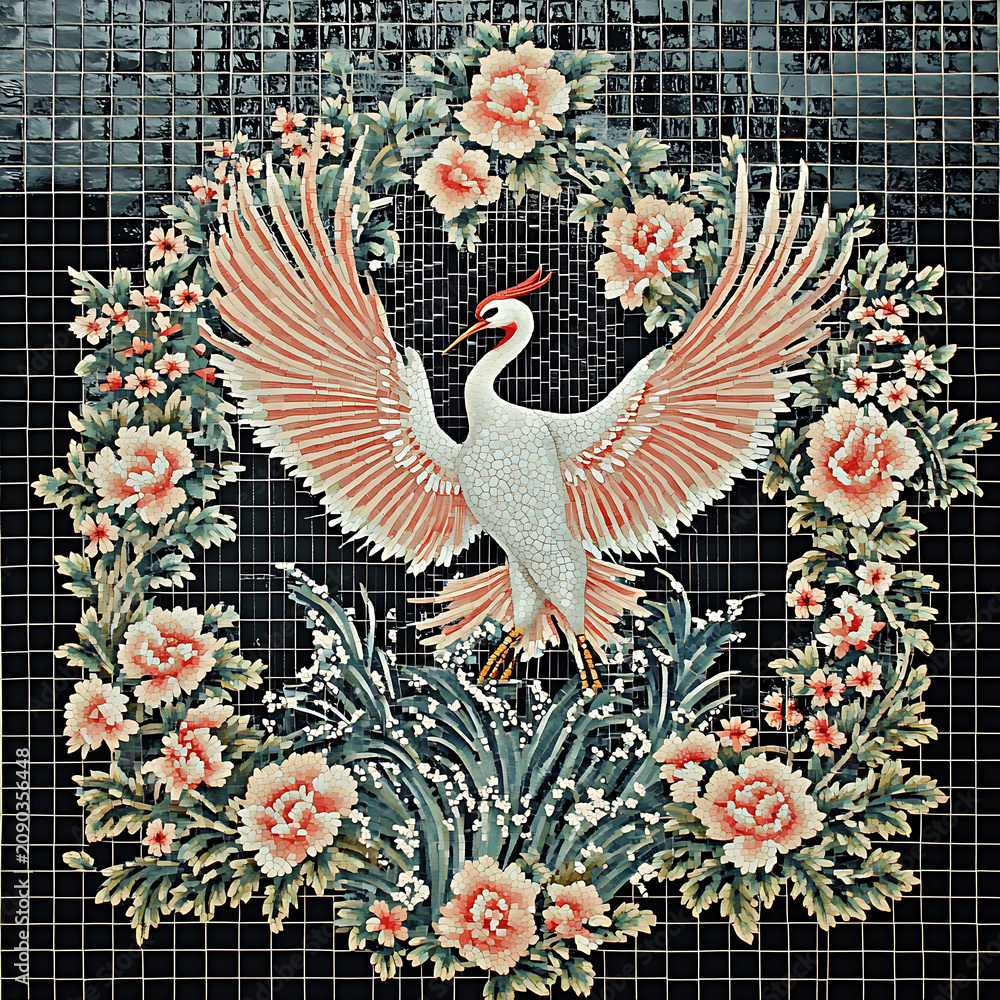 Fototapeta premium Elegant Crane Bird Surrounded by Lush Floral Wreath with Graceful Beauty.