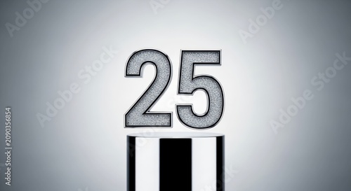 Number 25 on a black and white striped pedestal against a gradient background.