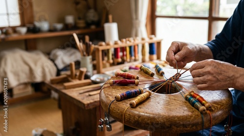 伝統工芸「組紐」を制作する職人の手元