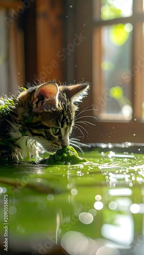 A curious brown tabby kitten explores a vibrant green liquid spilled on a wooden floor near a sunny window