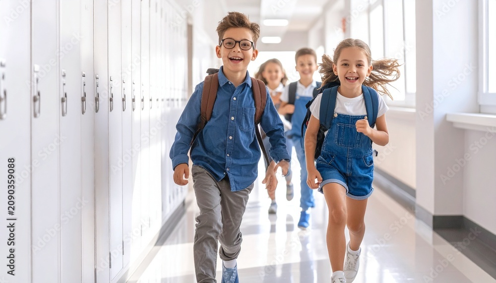 Obraz premium Happy schoolchildren running down a brightly lit school hallway