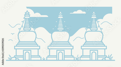 Принти на полотні Three minimalist Buddhist stupas in a flat vector landscape illustration