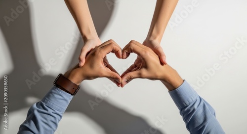 Two people making a heart shape with their hands symbolizing love and connection.