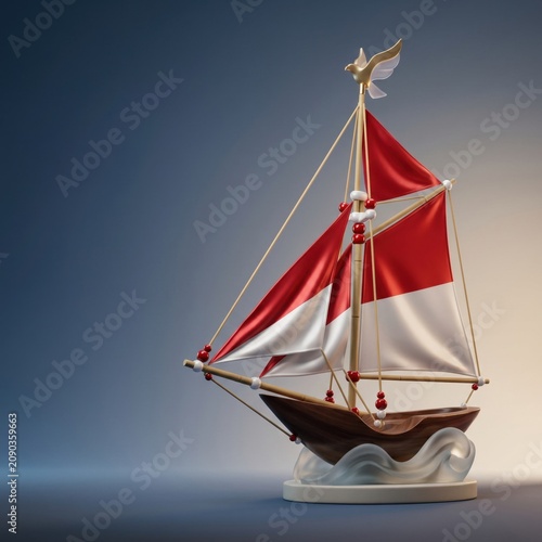 Decorative model ship with Indonesian flag and waves