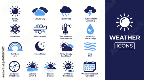 Bild auf Leinwand Weather Icons, Meteorological Symbols, Climate Signs, Vector Graphics