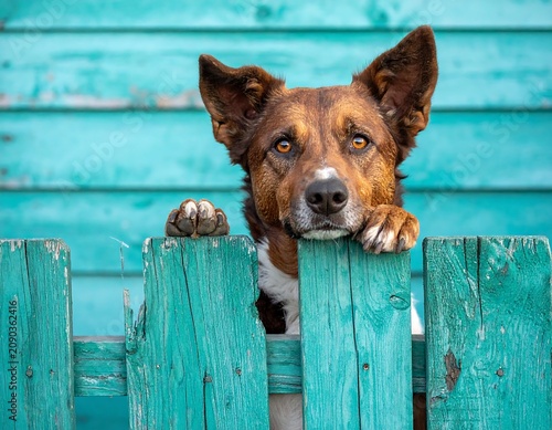 A curious dog with brown and white fur peeks over a worn turquoise wooden fence