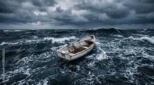 Empty Rowboat Drifting in a Stormy Sea