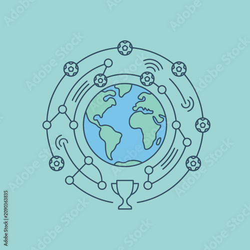 Global soccer network icon with earth and trophy on blue background