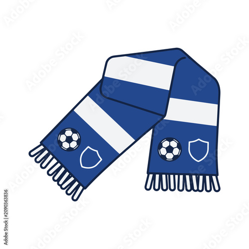 Blue and white striped sports fan scarf with soccer ball icons
