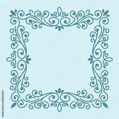 Elegant teal floral scroll frame on a light blue background
