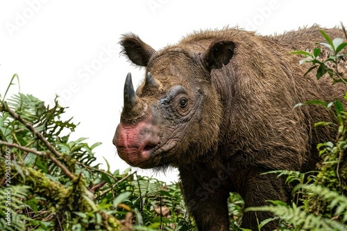 Endangered Rhinoceros Emerging from Tropical Jungle Foliage with White Copy Space for Wildlife Conservation and Biodiversity Awareness
