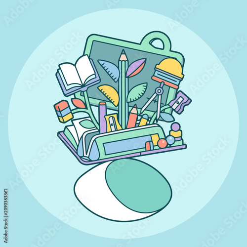 A collection of colorful school supplies on a light background