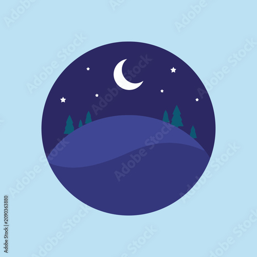 A crescent moon shines over dark hills at night