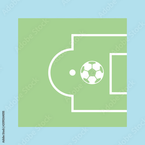 A flat graphic illustration of a soccer field and ball